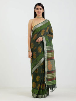 AUJJESSA - Cotton Linen Bottle Green Handcrafted Saree with Unstitched Blouse