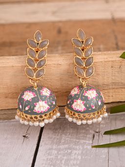 VIRAASI - Grey Leaf Design Handcrafted Meenakari Jhumka Earrings for Women and Girls