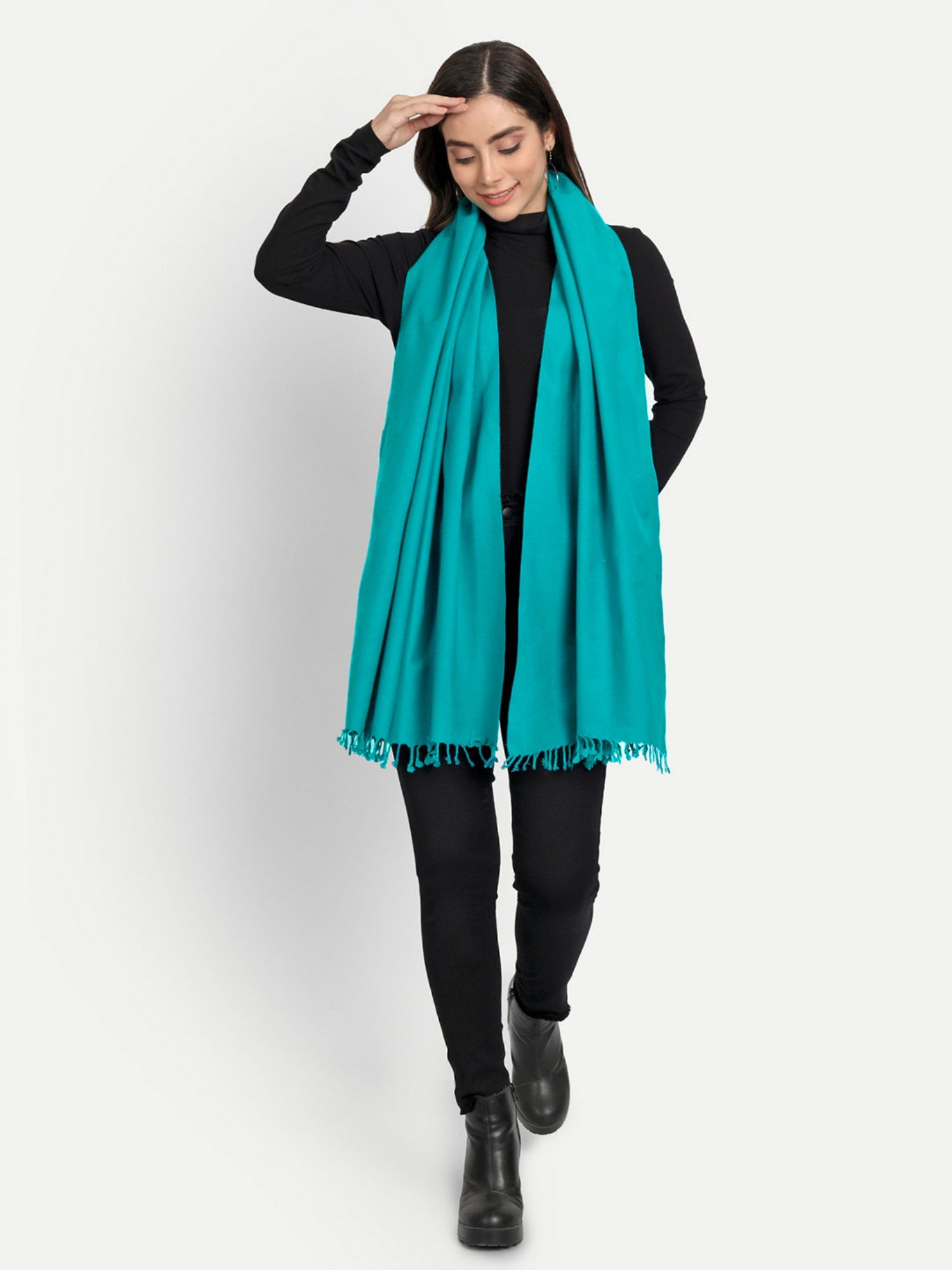 alavya Sea Green Solid Acrylic Wool Stole With Tasselled Border-picture-31
