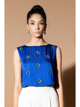 Zeefaa - Celestial Blue Crop Top with Floral Embellishment