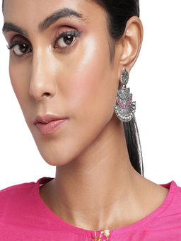 Accessher - Oxidized Silver-Plated Pink Studded Filigree Drop Earrings For Women And Girls