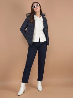 CRIMSOUNE CLUB - Women Navy Blue Hooded Neck Padded Jacket