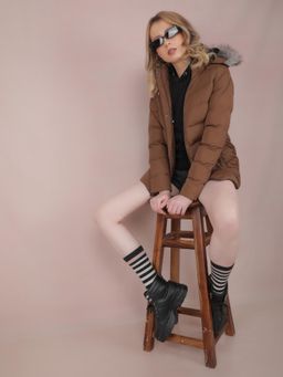 CRIMSOUNE CLUB - Women Brown Hooded Neck Padded Jacket