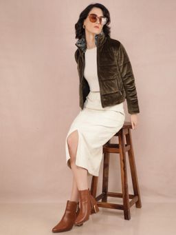 CRIMSOUNE CLUB - Women Olive Quilted High Neck Jacket