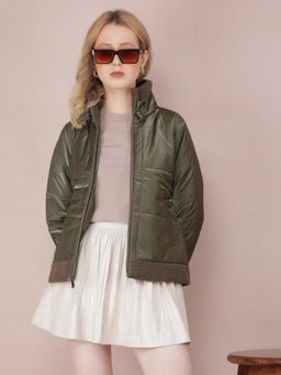 CRIMSOUNE CLUB - Women Olive High Neck Quilted Jacket