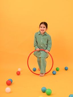 PUDDLE FASHION - Green & White Striped Cotton Shirt and Pant Co-Ord (Set of 2)