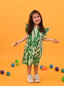 PUDDLE FASHION - Green Leaf-Printed Cotton Dress