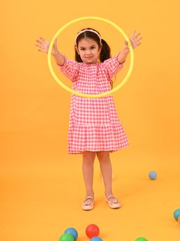 PUDDLE FASHION - Girls Pink and White Checked Cotton Tiered Dress
