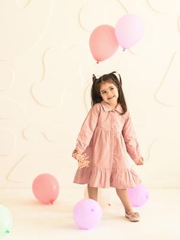 PUDDLE FASHION - Pink Corduroy Tiered Dress with Dot Prints