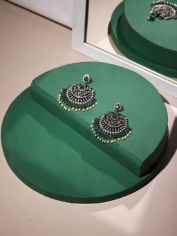 Ritu Singh - Green Diamond Chand Earrings with Pearls