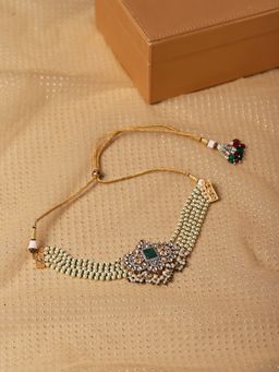 Ritu Singh - Kundan Choker with Green Stone and Layered Pearl Strings