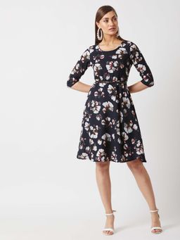 Miss Chase - Women's Navy Blue Round Neck 3/4 Sleeve Relaxed Fit Floral Skater Knee-Long Dress