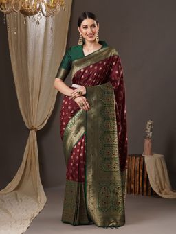 Akhilam - Womens Silk Blend Wine Woven Design Saree with Unstitched Blouse