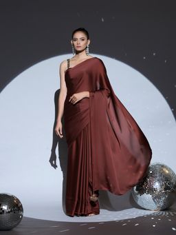 Swtantra - Exotic Chocolate Satin Saree with Pendants without Blouse