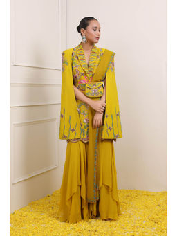 Miku Kumar - Yellow Ayra Jacket with Sharara, Dupatta, Belt and Pouch (Set of 5)