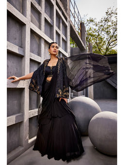 Miku Kumar - Black Zoha Cape with Drape Skirt and Blouse (Set of 3)