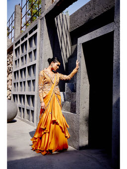 Miku Kumar - Mustard Noori Pre-Drape Saree with Jacket