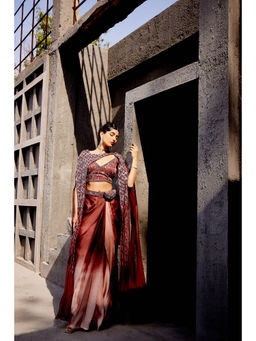 Miku Kumar - Brown Afsana Midwestern Drape Skirt with Blouse, Cape, Belt and Pouch (Set of 5)