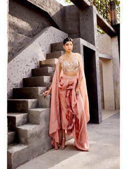 Miku Kumar - Peach Aiyana Cape with Drape Skirt and Blouse (Set of 3)