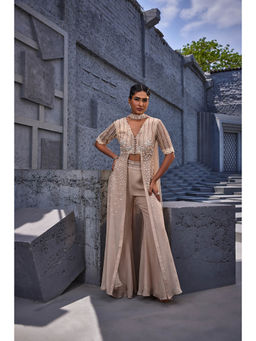 Miku Kumar - Beige Azra Embroidered Palazzo with Kurta and Dupatta (Set of 3)