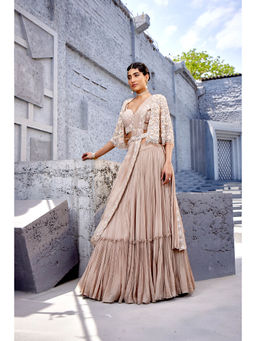 Miku Kumar - Beige Laiba Drape Attached Lehenga with Blouse, Cape and Belt (Set of 4)