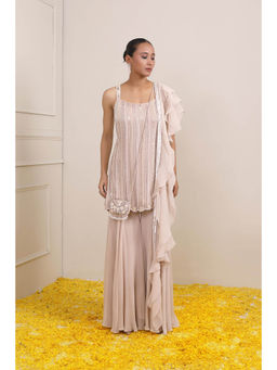 Miku Kumar - Beige Ruhina Sharara with Kurti, Dupatta and Sling Bag (Set of 4)