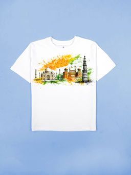 KiddoPanti - Unisex White Cotton Monuments Printed T-shirt