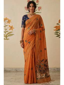 LABEL AARNA - Orange Woven Jamdhani Cotton Saree
