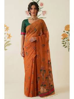 LABEL AARNA - Tangerine Woven Jamdhani Cotton Saree