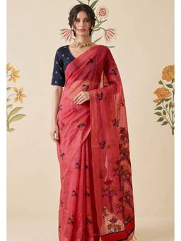 LABEL AARNA - Coral Woven Jamdhani Cotton Saree