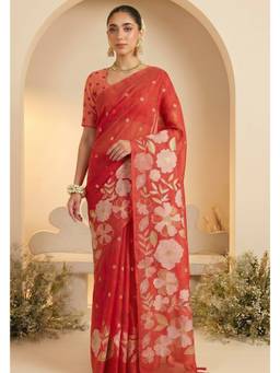LABEL AARNA - Red Woven Jamdhani Cotton Saree