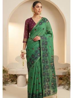 LABEL AARNA - Green Woven Jamdhani Cotton Saree