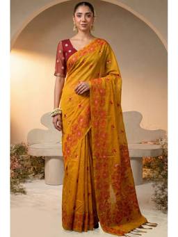 LABEL AARNA - Bright Yellow Woven Jamdhani Cotton Saree