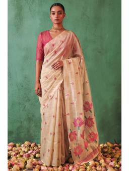 LABEL AARNA - Pink Woven Jamdhani Cotton Saree
