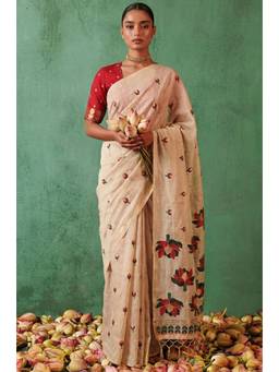 LABEL AARNA - Beige Woven Jamdhani Cotton Saree