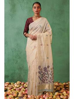 LABEL AARNA - Beige Woven Jamdhani Cotton Saree