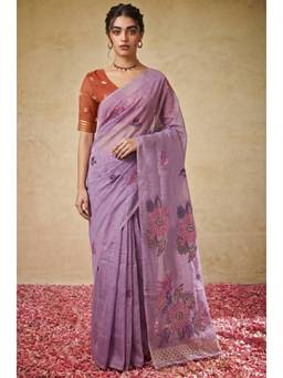 LABEL AARNA - Purple Woven Jamdhani Cotton Saree
