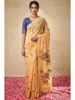 LABEL AARNA - Light Peach Woven Jamdhani Cotton Saree