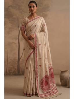 LABEL AARNA - Beige Woven Jamdhani Cotton Saree