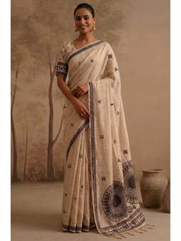 LABEL AARNA - Black Woven Jamdhani Cotton Saree