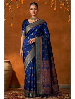 LABEL AARNA - Navy Blue Handloom Woven Silk Saree
