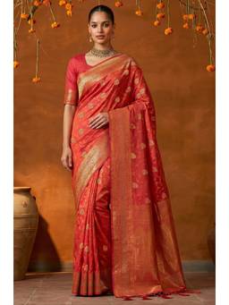 LABEL AARNA - Orange Handloom Woven Silk Saree