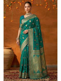 LABEL AARNA - Teal Handloom Woven Silk Saree