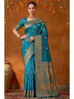 LABEL AARNA - Blue Handloom Woven Silk Saree