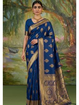 LABEL AARNA - Blue Handloom Woven Silk Saree
