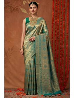 LABEL AARNA - Emerald Green Handloom Woven Silk Saree
