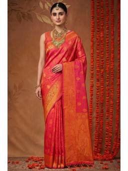 LABEL AARNA - Orange Handloom Woven Silk Saree