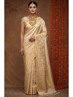 LABEL AARNA - Cream Kanjivaram Woven Silk Saree