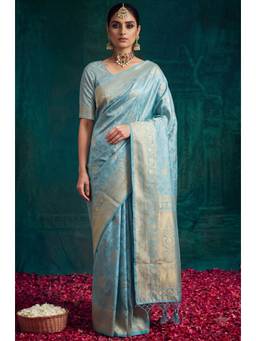 LABEL AARNA - Turquoise Kanjivaram Woven Silk Saree