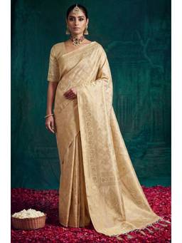 LABEL AARNA - Cream Kanjivaram Woven Silk Saree